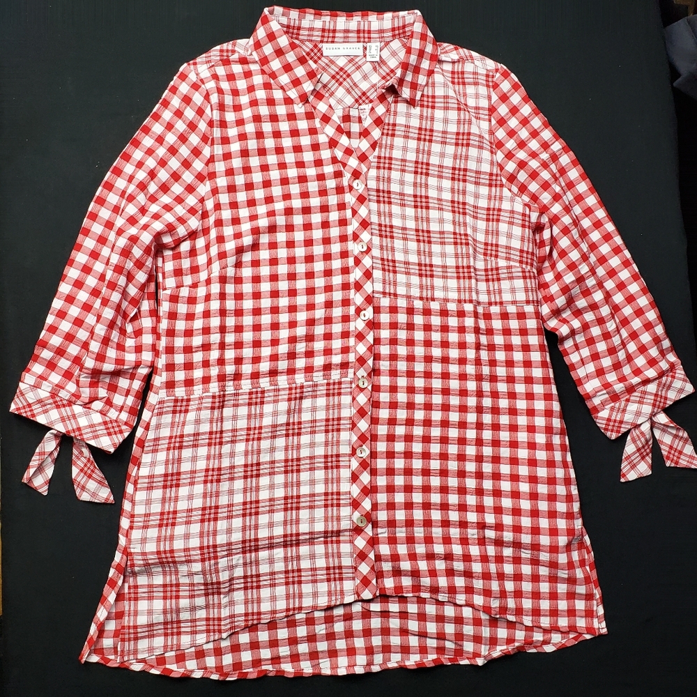 Susan Graver Red Yarn Dyed Gingham Button Front Shirt XS